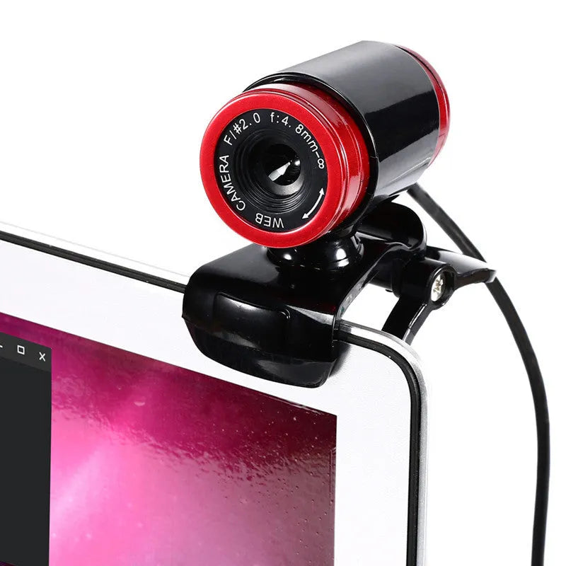 HD computer camera with 12.0M pixels, manual focus ring, and built-in microphone on a black stand