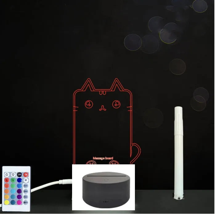 3D acrylic LED message board with touch control, black ABS base, USB cable, and stylus pen on desk