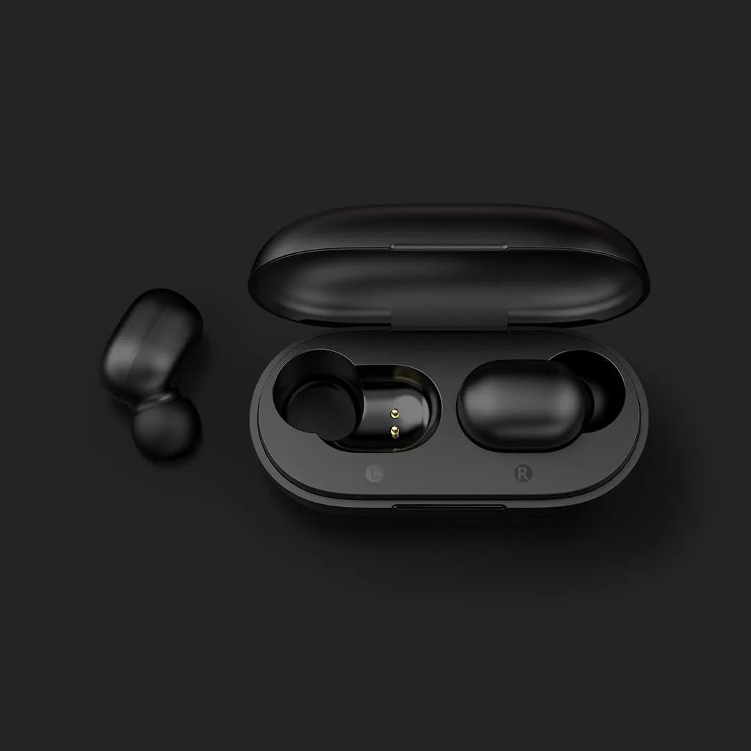 Black true wireless Bluetooth earbuds with stereo sound and multi-point connectivity