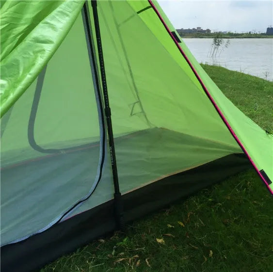 Poleless gold-shaped double-layer camping tent with Oxford cloth base and net yarn inner