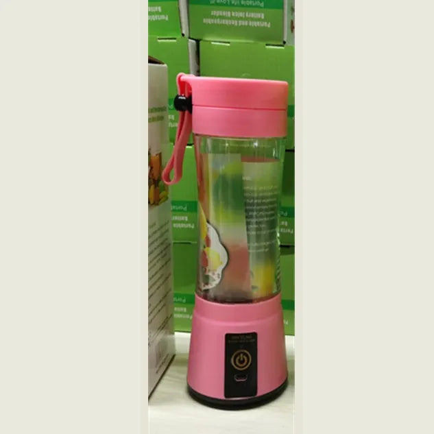 Portable USB rechargeable blender with pink plastic cup and six-blade design