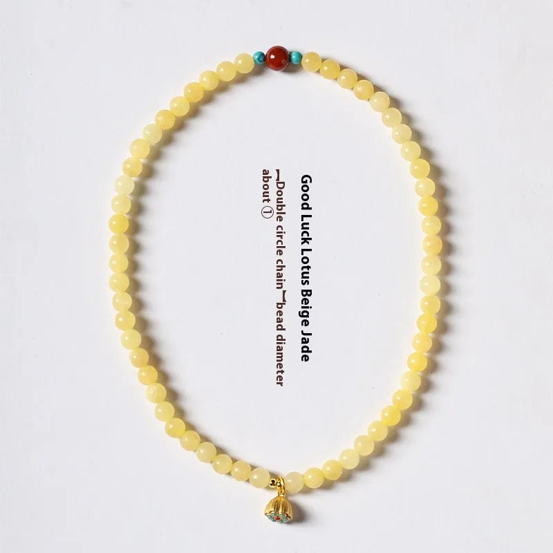 Handmade yellow jade double ring bracelet for women on a wrist, showing 6mm and 8mm size options.