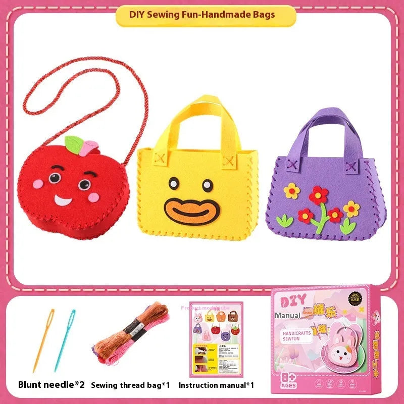 Children's non-woven cloth sewing kit with animal six models, needle, thread, and silver beads in a colour box