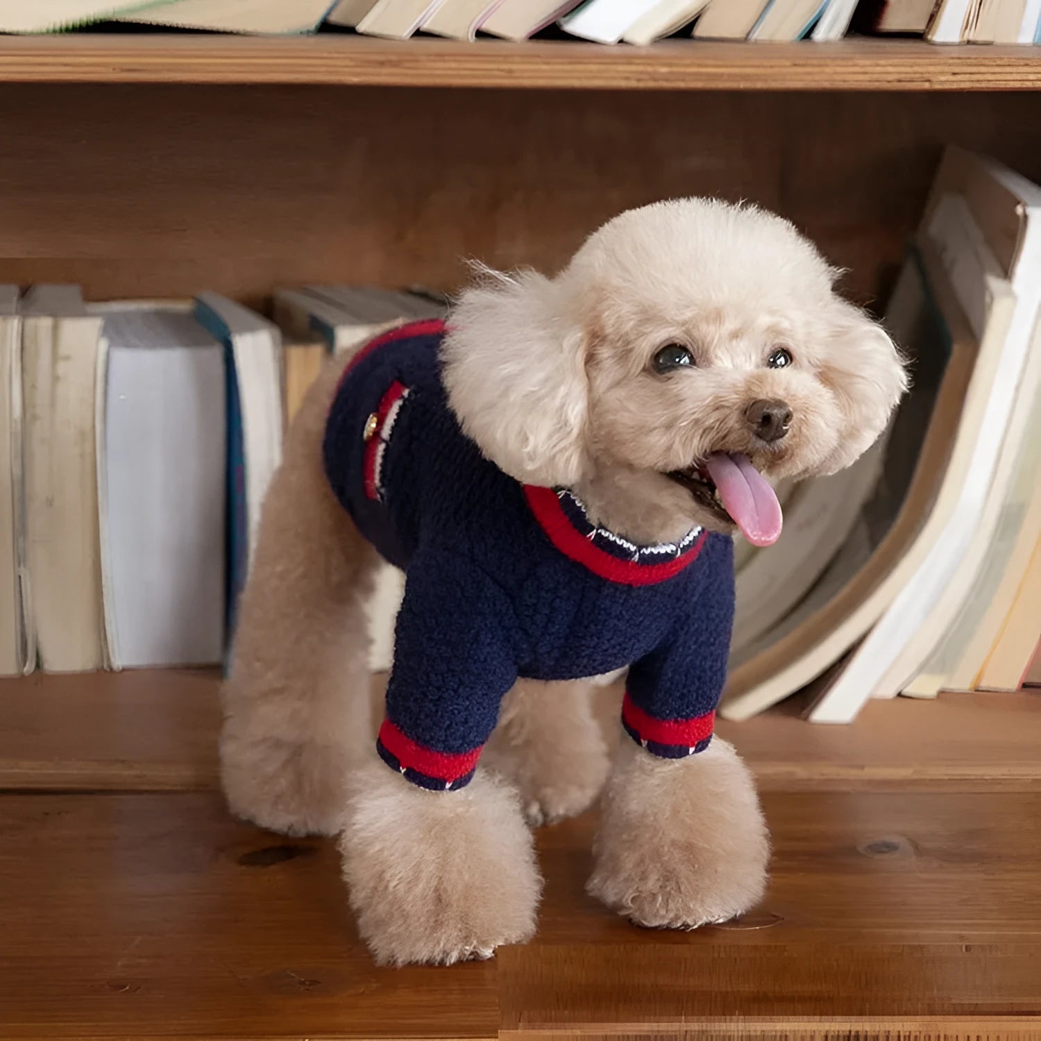 Blue knitted wool blend cardigan sweater for a dog, showing classic Bejirog style and cardigan opening.