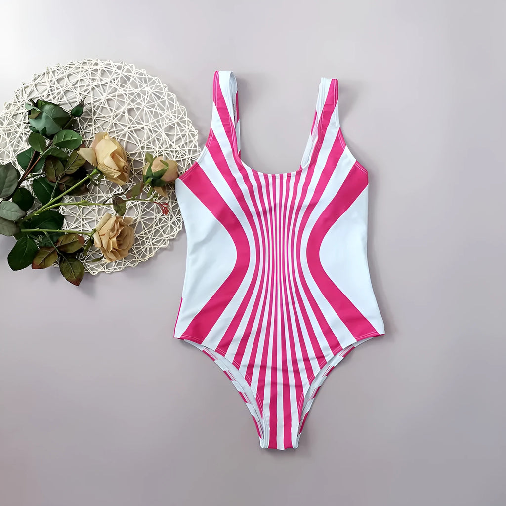 Front and rear view of a pink striped one-piece swimsuit for women on a mannequin