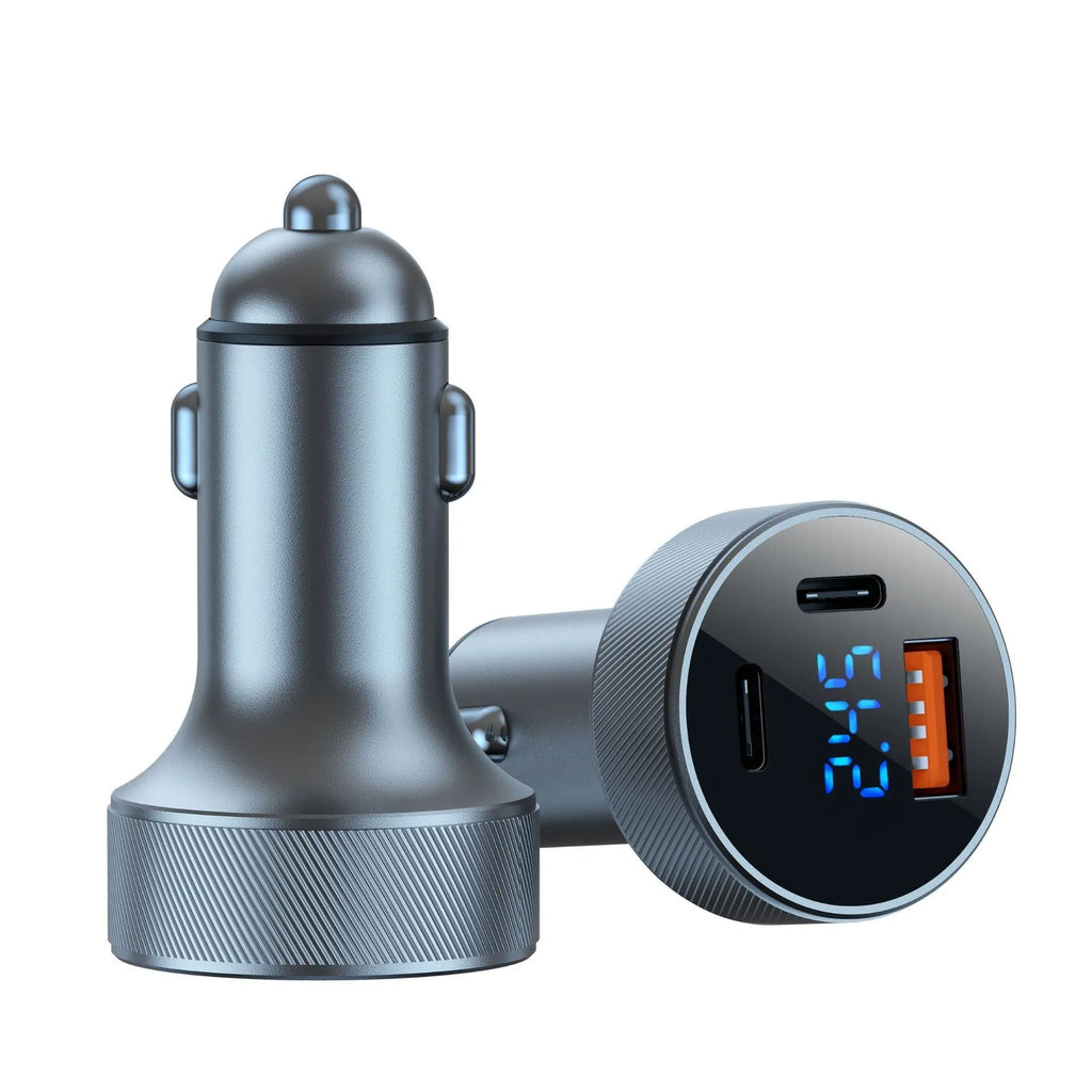 Black aluminium alloy car charger with digital display showing voltage reading, featuring USB-C ports and cigarette lighter socket