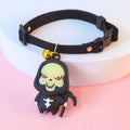 A polyester Halloween dog collar with a cartoon pattern, shown in Pumpkin Man, Luminous Kid, and Luminous Skull designs.