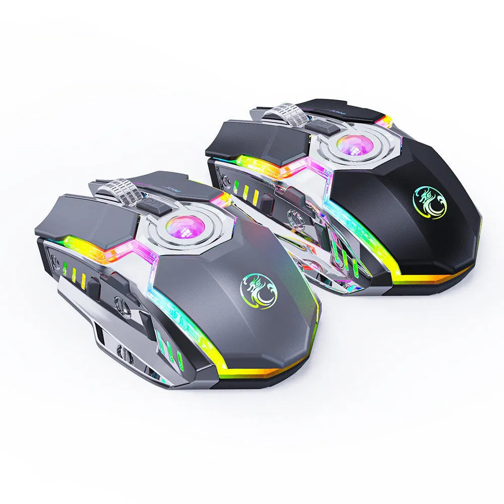 Seven-button wireless gaming mouse with horse racing design, RGB lighting, and silent charging in black and grey colour options.