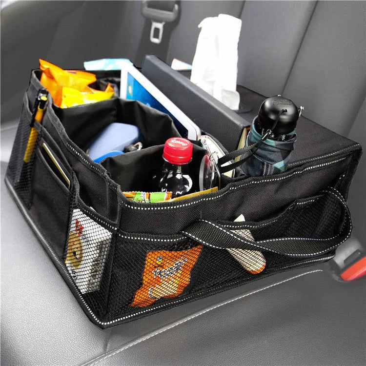 Black Oxford cloth cubic car boot storage box showing dimensions of 33cm wide by 33cm deep by 16cm high.