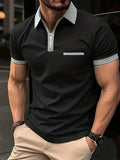 Man wearing a loose-fit men's short sleeve casual shirt with a chest pocket and zipper decoration.