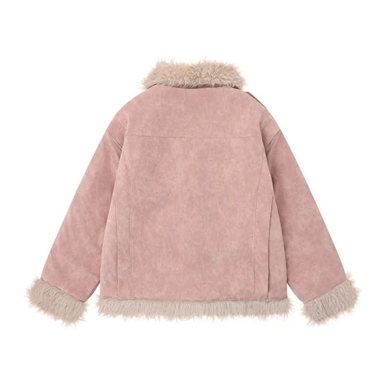 Women's American-style retro lamb wool coat in loose fit, available in black, brown, and pink, sizes S to XL