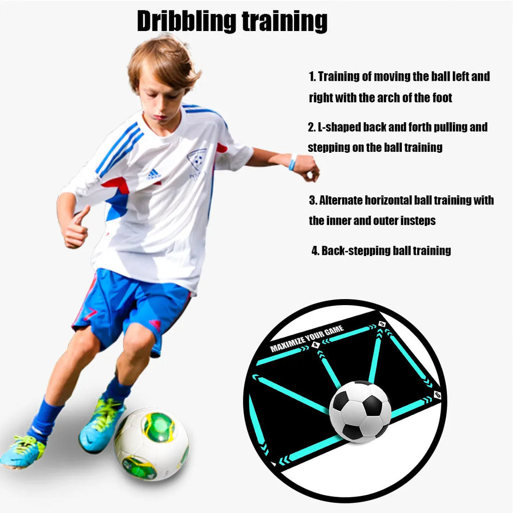 Black non-slip football training mat measuring 60cm by 90cm on a flat surface