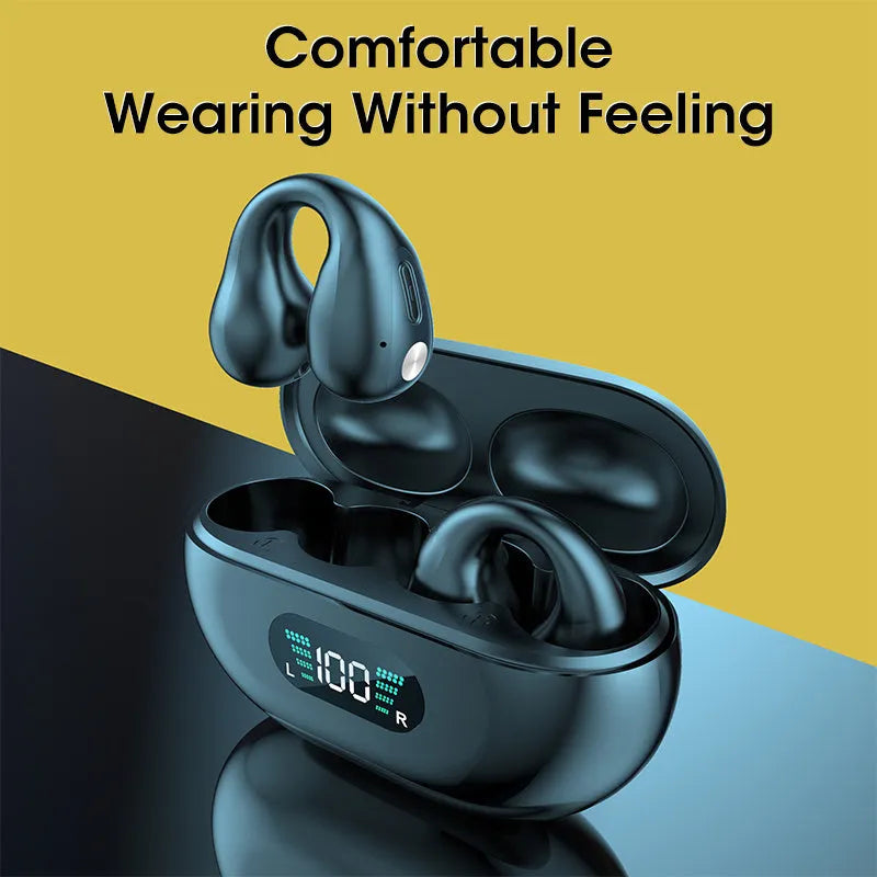 Bone conduction Bluetooth headset with ear clip design in black, white, or khaki colour options
