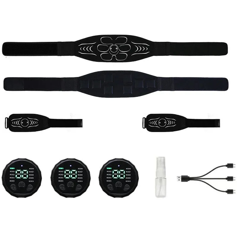 Silicone EMS belly shaping belt with stimulator unit, belt, and hand straps on a white background