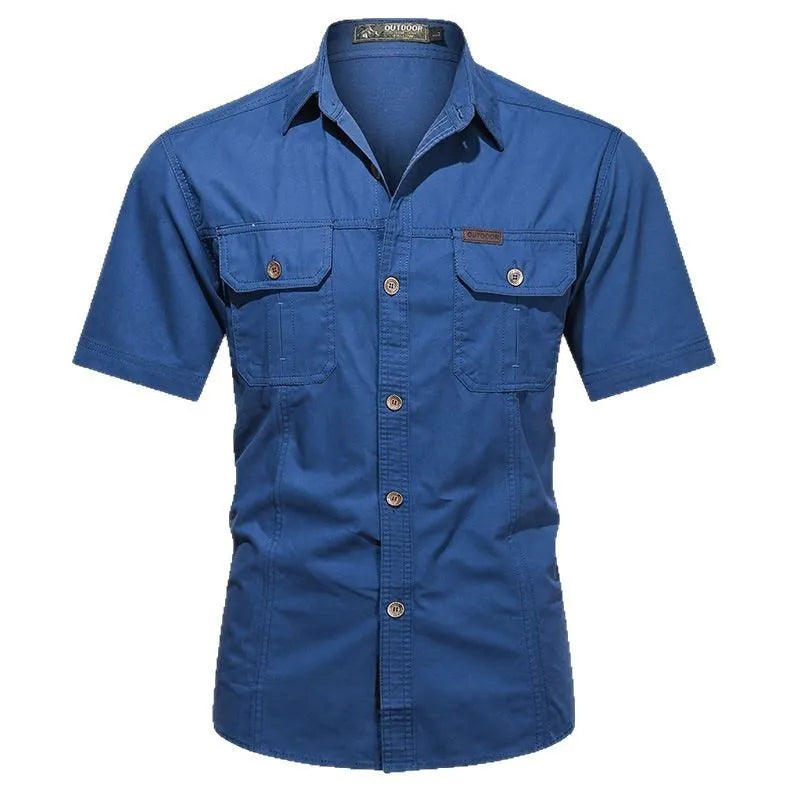 Men's army green cotton short sleeve work shirt with a loose cardigan fit on a hanger