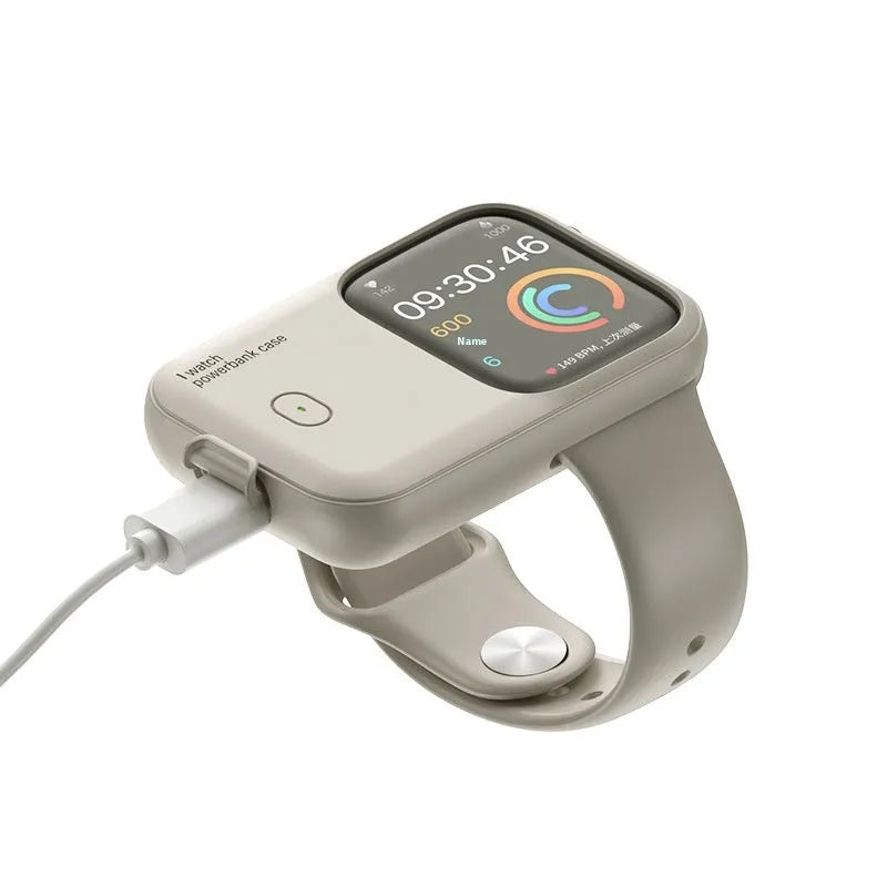 Portable wireless power bank charging case for Apple Watch in silicone case, shown next to watch.