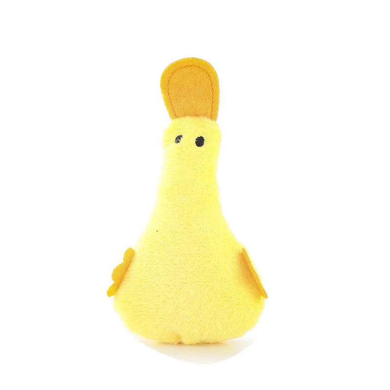 Yellow duck plush pet toy with squeaker and catnip filling for dogs and cats