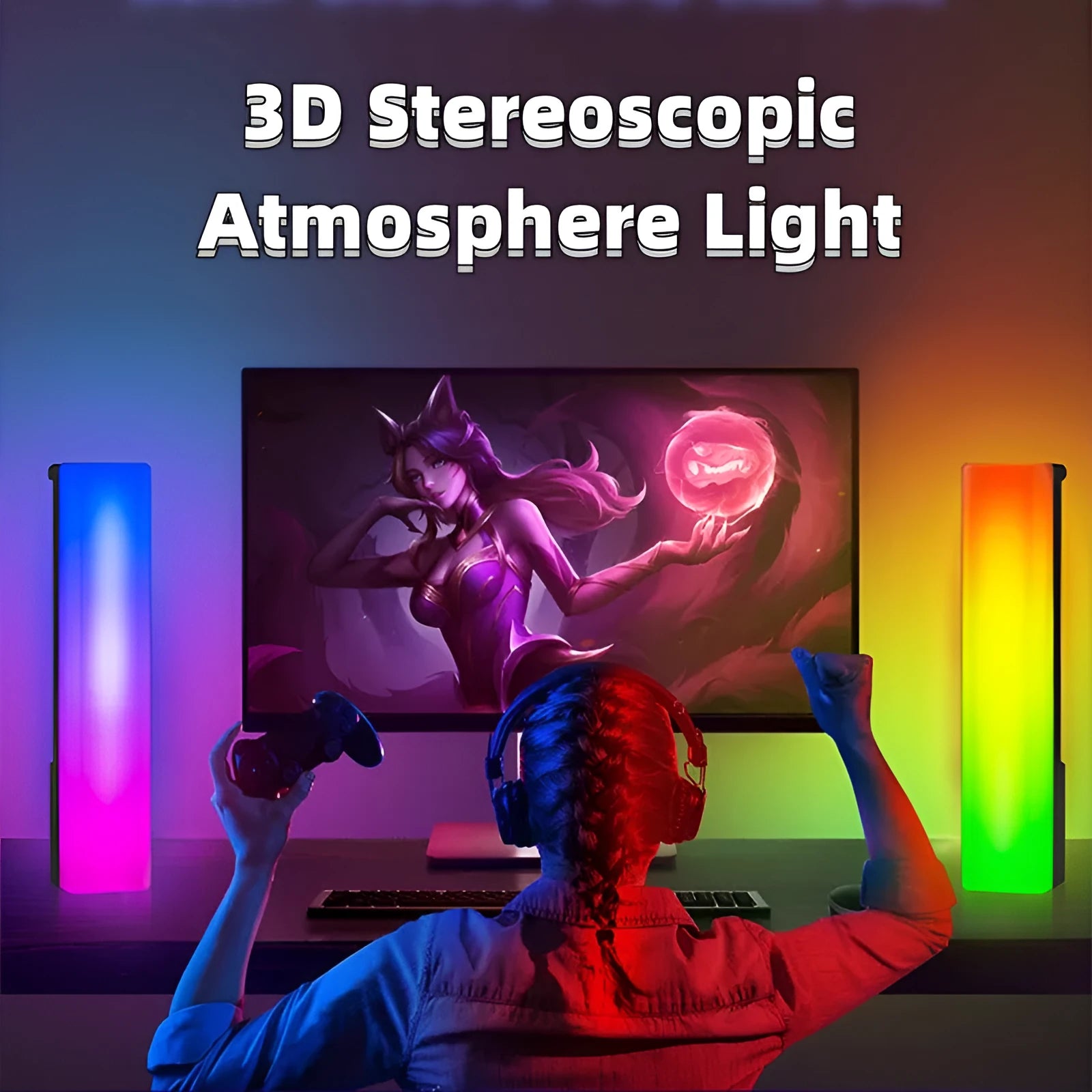 3D RGB voice-activated table lamp with colourful lights on a desk, showing white shell option.