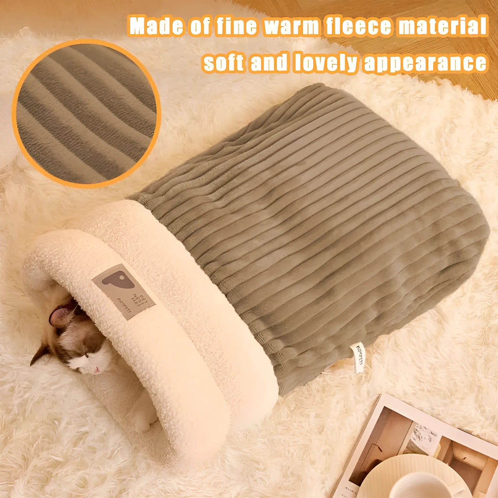 Brown plush pet sleeping bag with semi-enclosed design for cats