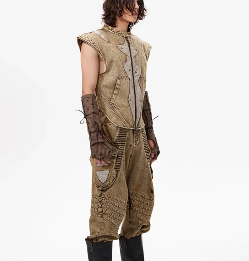 Men's picture colour cotton denim vest with pleated design in Korean style, laid flat.