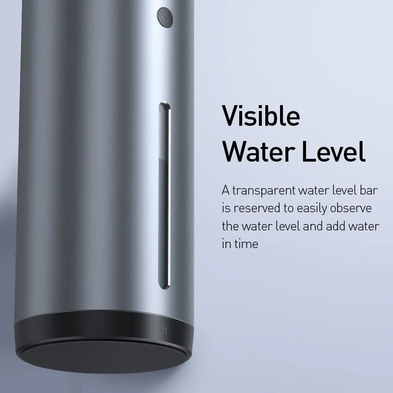 Black aluminium alloy car diffuser humidifier with USB cable, emitting a cool mist for air purification.