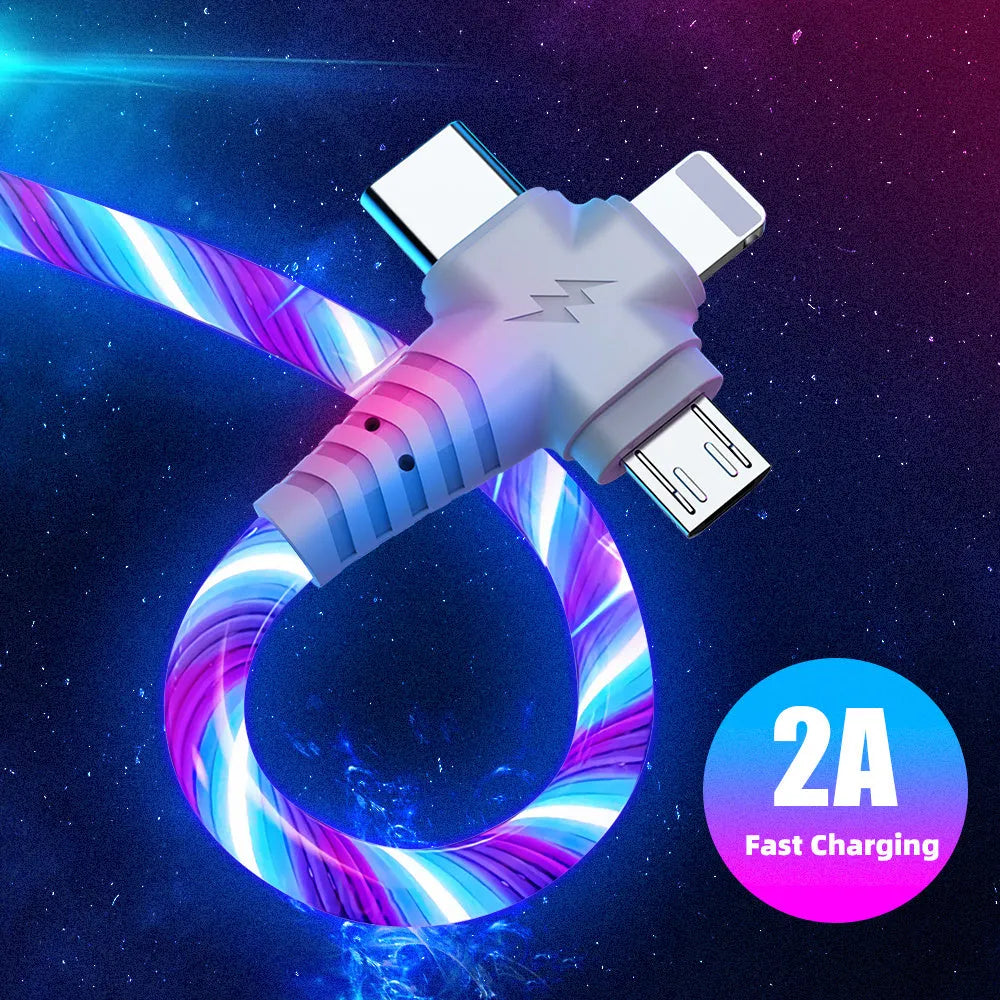 Three-in-one fast charging cable with luminous streamer and aluminium alloy connectors