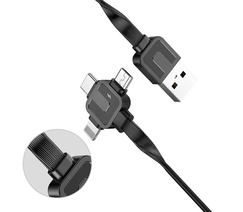 Black telescopic three-in-one fast charging cable extended to 1 metre with Lightning, USB-C, and micro-USB connectors.