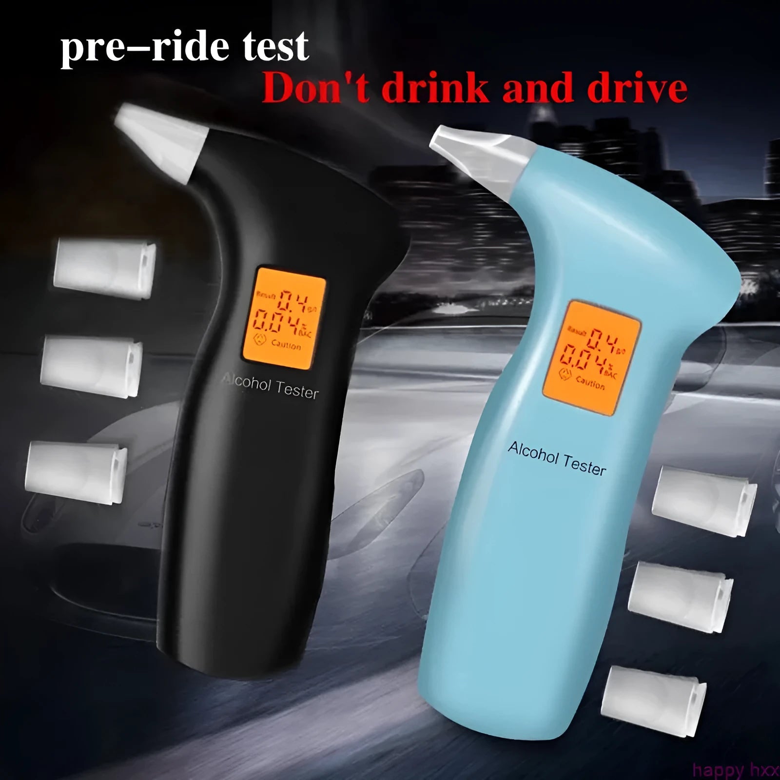 Portable orange LED breath alcohol tester with dark grey case and four white mouthpieces.