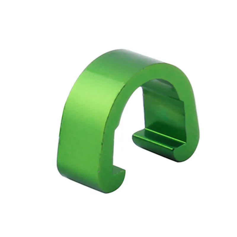 Ten small aluminium alloy C-shaped buckles in assorted colours on a white background.