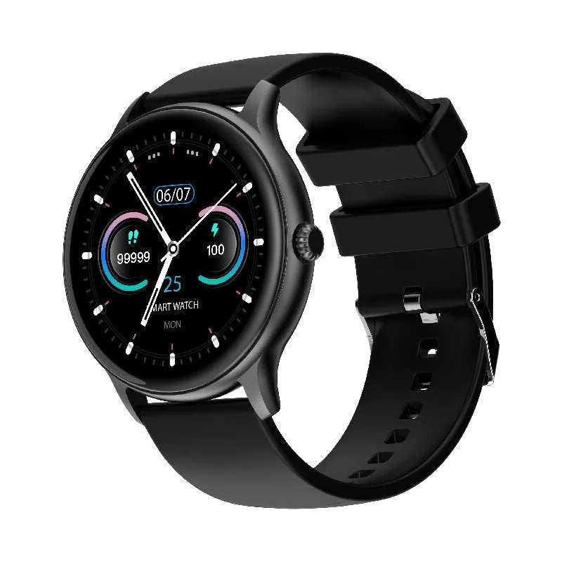 Black Bluetooth smartwatch with a circular 1.28-inch screen on a silicone strap for health monitoring.