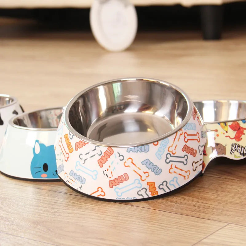 Food grade stainless steel pet dog bowl with melamine outer ring in Pink colour