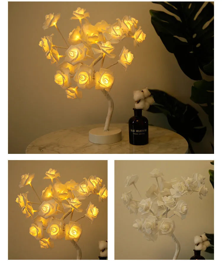 White and red rose flower shaped USB battery LED table lamp with warm white light on a table