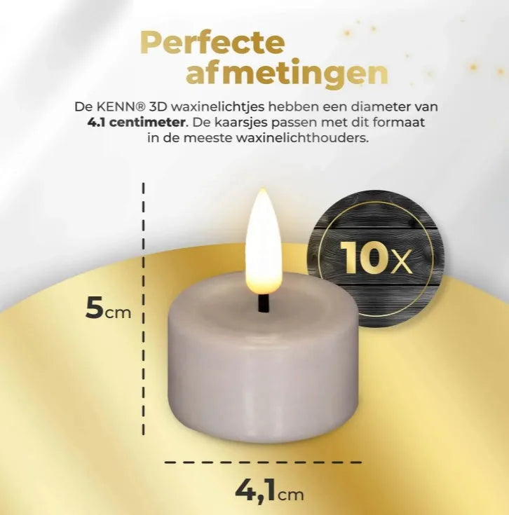 Taupe-coloured LED tealight candle with realistic 3D flickering flame effect on a table.