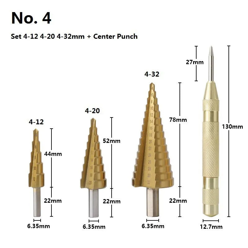 High speed steel cone step drill bit and centre punch set in six colour options for metalworking