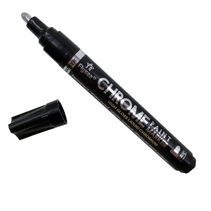 Flysea reflective chrome pen with metal tip for writing on glass, ceramic, and plastic surfaces.