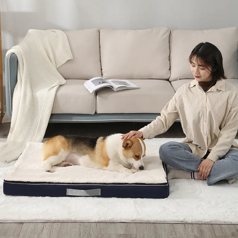 Removable washable memory sponge pet dog mat in brown, shown with size dimensions.