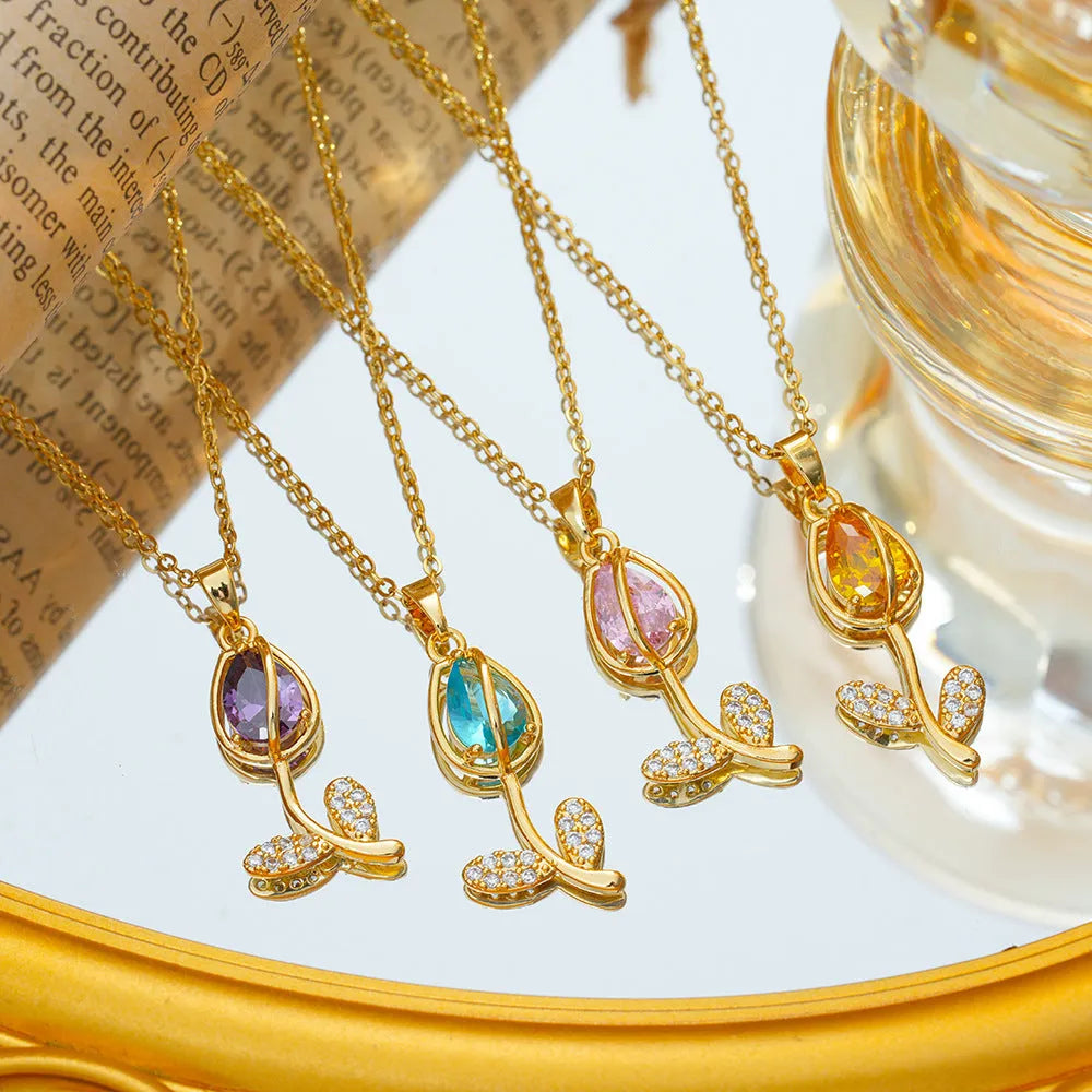 Zircon Tulip Necklace for women with adjustable O-ring chain and copper-plated gold flower pendant.
