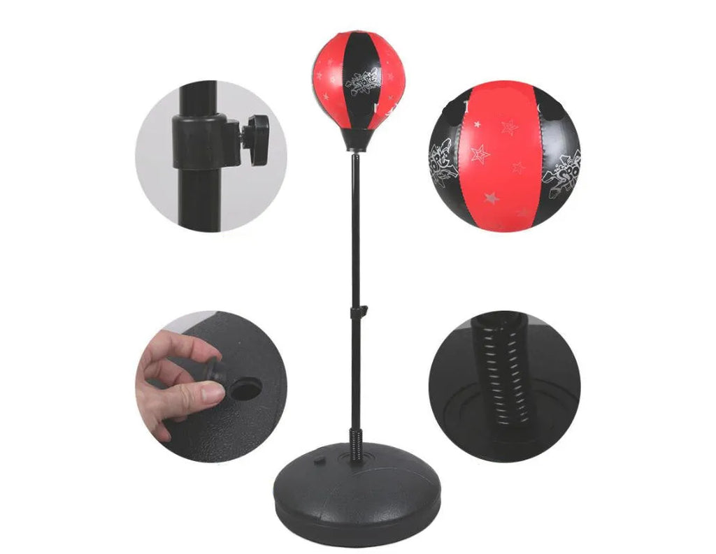 Speed boxing ball toy with inflatable vent ball, height adjustable stand, and PU base filled with water or sand