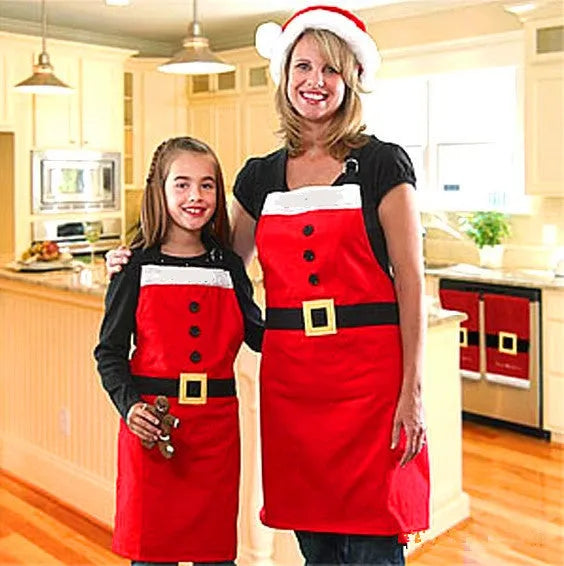 Red Christmas themed apron for adults and children with adjustable neck and waist straps