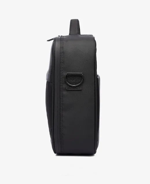 Black men's messenger bag made from Oxford fabric showing shoulder strap and main compartment.