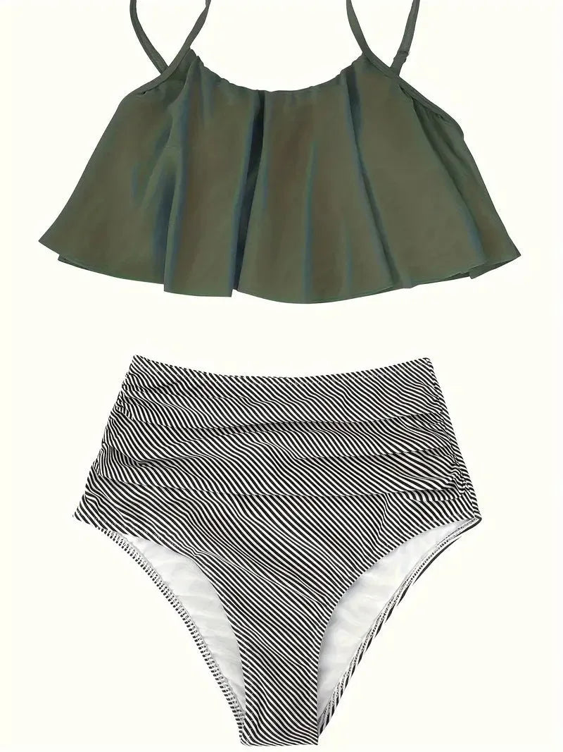 Women's conservative swimsuit with ruffles in high-waisted brief style