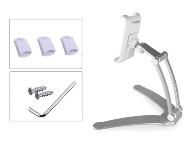 Silver aluminium desktop stand holding a tablet, showing 360-degree rotation and adjustable clamp mechanism.