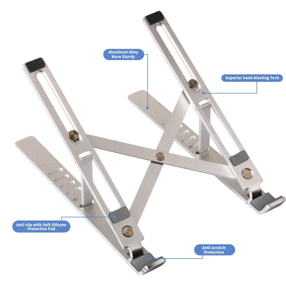 Aluminium laptop stand shown in silver colour with six height adjustment positions visible