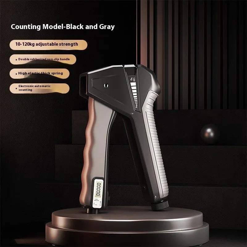 Adjustable hand gripper exercise equipment showing spring mechanism and mechanical counting display