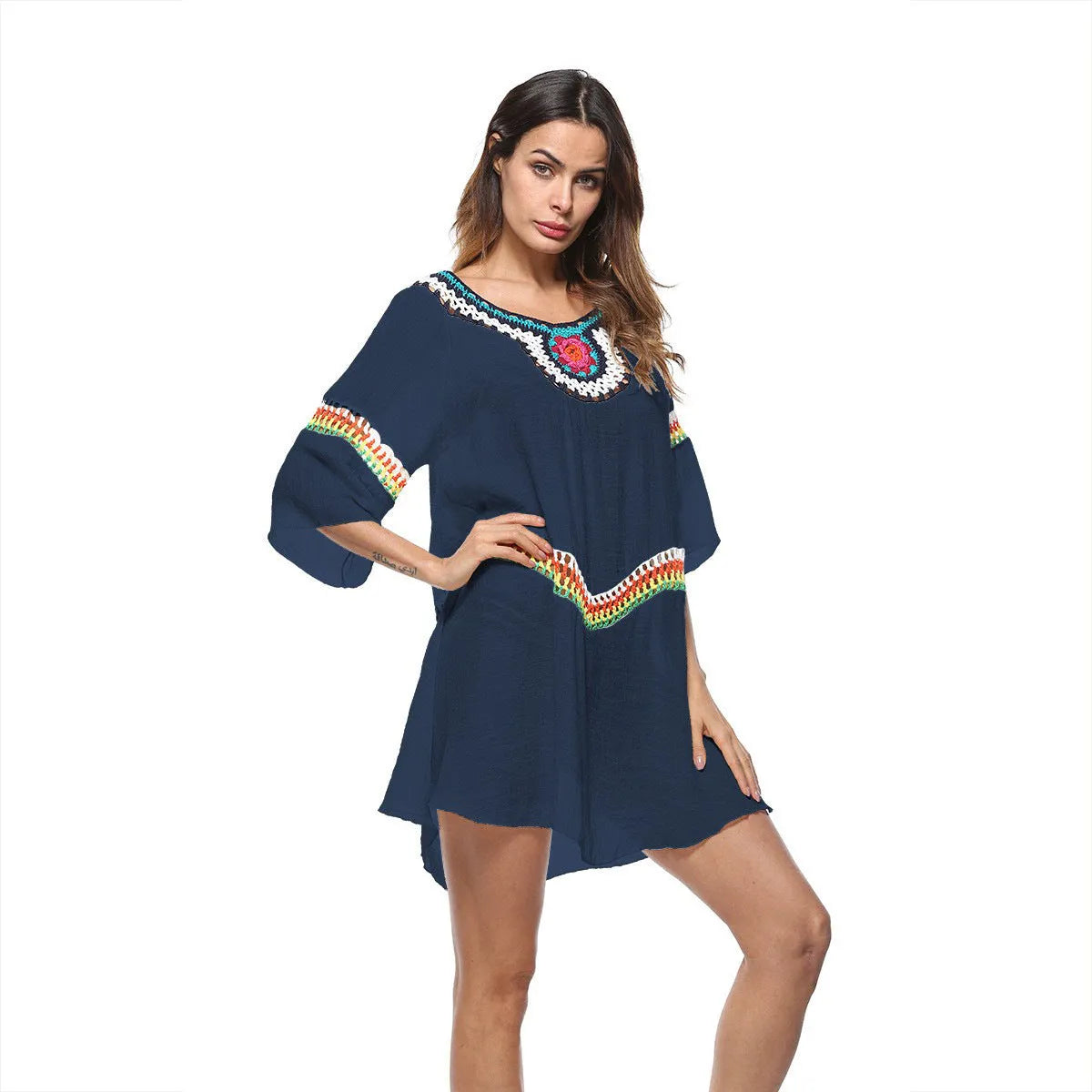 Ethnic style crochet sun protection dress for women in apricot colour, suitable as a beach cover-up.