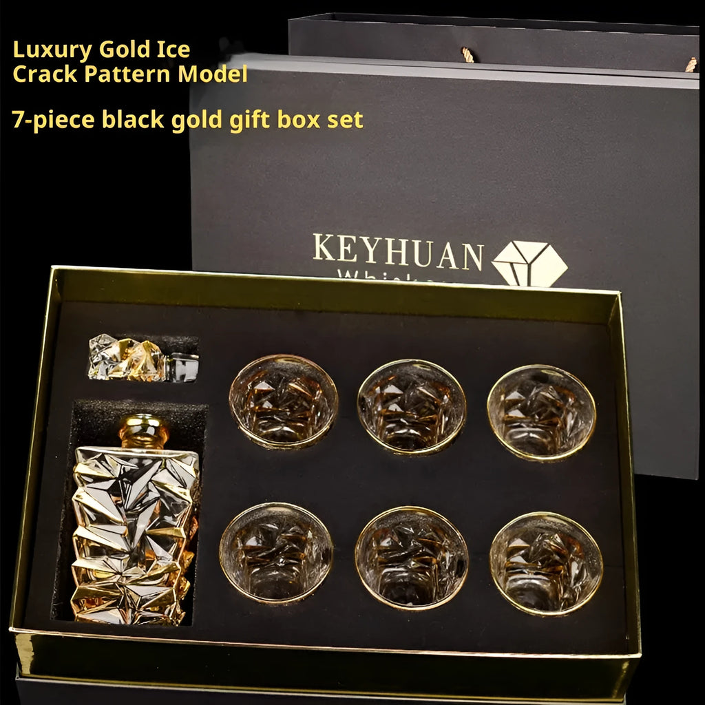 European gold painted wine glass set with ice crack pattern including six glasses and one bottle