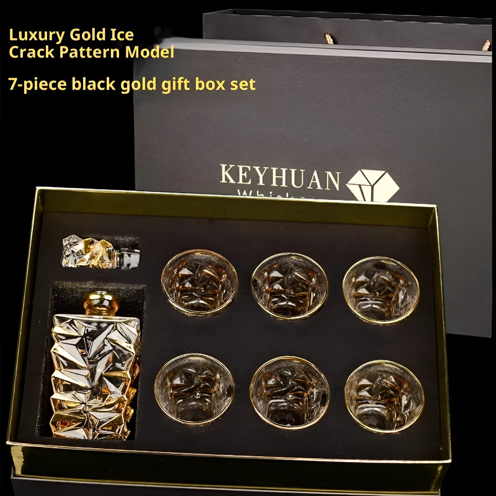 European gold painted wine glass set with ice crack pattern including six glasses and one bottle