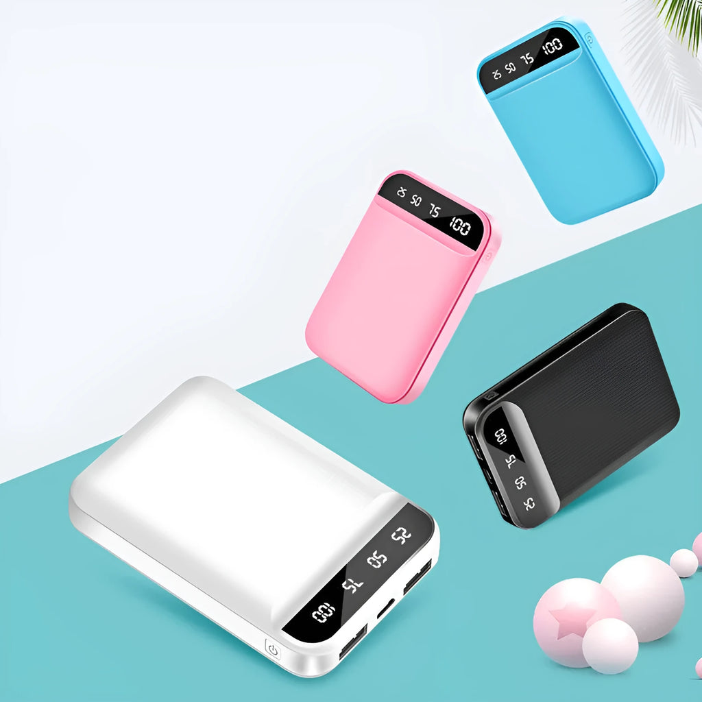 Compact mini power bank portable charger in various colours showing size and USB ports.