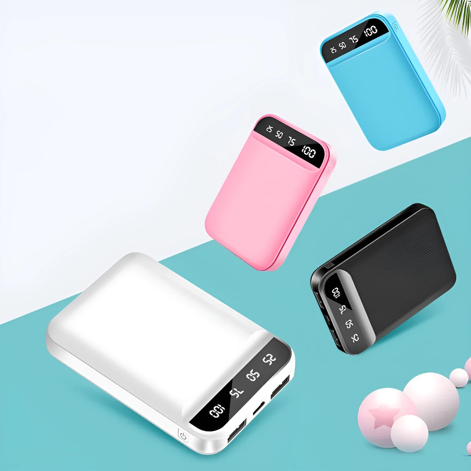 Compact mini power bank portable charger in various colours showing size and USB ports.