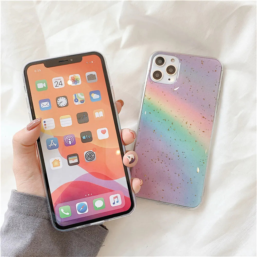 A gradient rainbow coloured TPU protective iPhone case with a striped design on a white background.